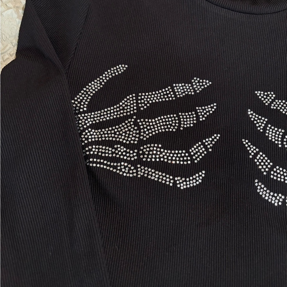 Black Rhinestone Skeleton Hands Ribbed Top • Size Small - Picture 3 of 3